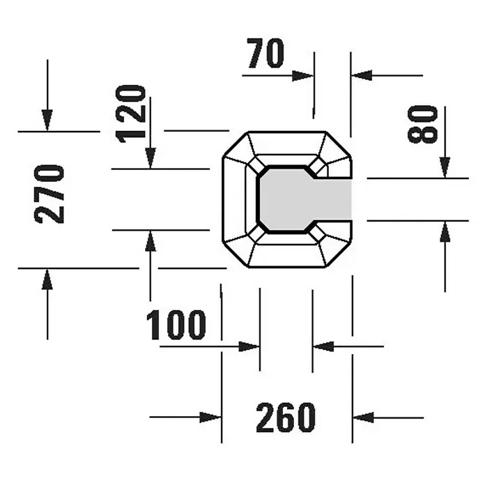 Duravit 1930 Waschbecken-Standsäule Typ 2 - Keramik, Unbeschichtet, Weiß - Technische Zeichnung eines Elements mit Maßangaben. Detailgenaue Darstellung mit den Maßen 270, 120, 70, 80, 100 und 260.