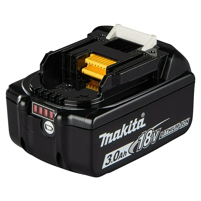 Makita LXT 18V Akku-Rasentrimmer DUR193F01 - 18 V, Li-Ionen, 1 Akku - Nahaufnahme eines Makita 18V 3.0Ah Lithium-Ionen-Akkus. Ideal für Elektrowerkzeuge, bietet er hohe Leistung und lange Lebensdauer.