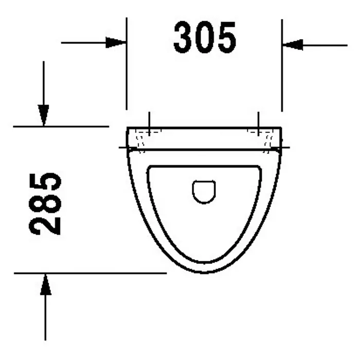 Duravit Urinal Fizz - Unbeschichtet, Zulauf: Hinten, Absaugspülung, Farbe: Weiß, Ohne Zielobjekt, Ohne Urinaldeckel, Geeignet für: Montage ohne Deckel - Technische Zeichnung einer hängenden Toilette mit den Maßen 305 mm Breite und 285 mm Tiefe.