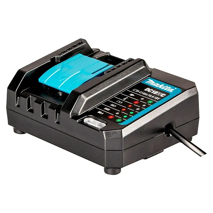 Makita LXT 18V Akku-Rasentrimmer DUR193F01 - 18 V, Li-Ionen, 1 Akku - Das Bild zeigt ein Makita DC18WC Ladegerät für Lithium-Ionen-Akkus mit 14,4 bis 18V, mit Ladezustandsanzeige und Netzanschlusskabel.
