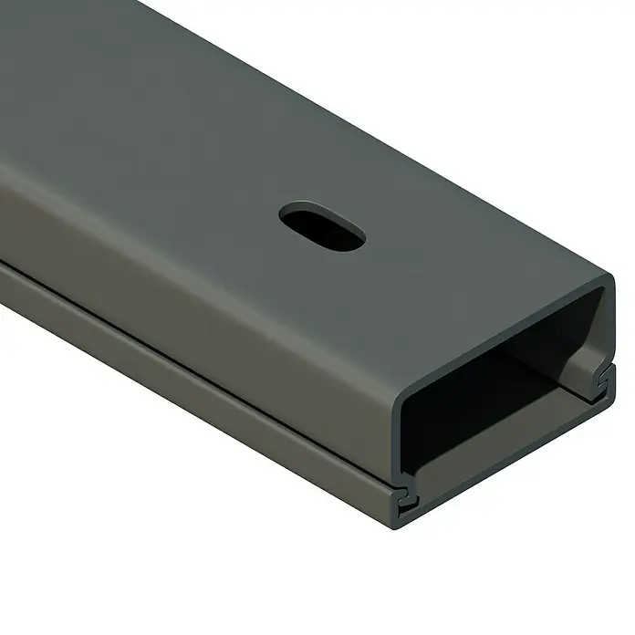 Kabelkanal - L x B x H: 2 m x 30 mm x 15 mm, Silber - Ein grauer Kabelkanal mit einem ovalen Loch in der Oberseite für Kabelmanagement und Organisation.