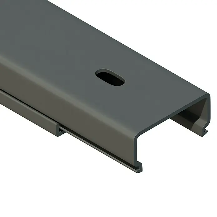 Kabelkanal - L x B x H: 2 m x 30 mm x 15 mm, Silber - Graues Befestigungsprofil aus Metall mit länglichem Loch.