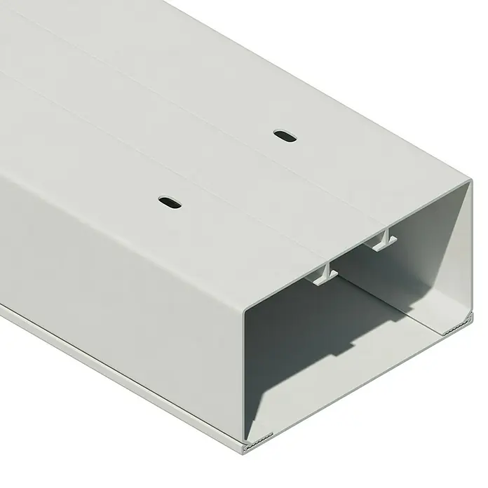 Kabelkanal - L x B x H: 2 m x 110 mm x 60 mm, Weiß - Draufsicht auf einen weißen Kabelkanal. Der Kabelkanal ist leer und weist eine Öffnung oben und zwei Montageöffnungen auf.