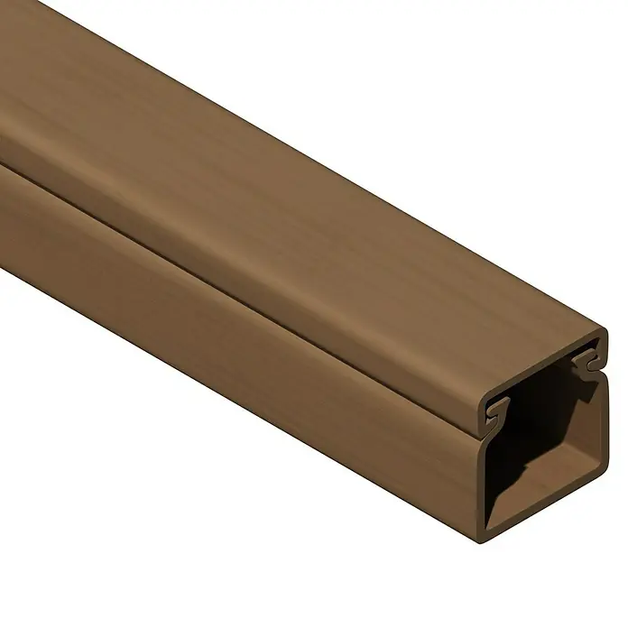 Kabelkanal - L x B x H: 2 m x 15 mm x 15 mm, Buche - Profilansicht eines braunen Zaunpfostens aus Verbundmaterial, der sich ideal für den Außenbereich und die Gartengestaltung eignet. Langlebig und pflegeleicht.