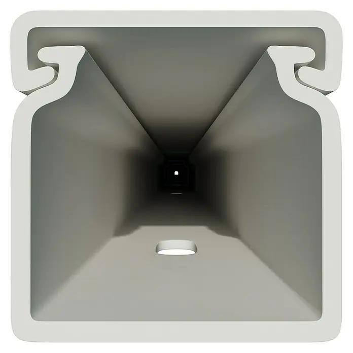 Kabelkanal - L x B x H: 2 m x 18 mm x 18 mm, Weiß - Innenansicht eines weißen Profils, das einen tiefen, schattigen Tunnel bildet. Ideal für Bau- und Designprojekte.