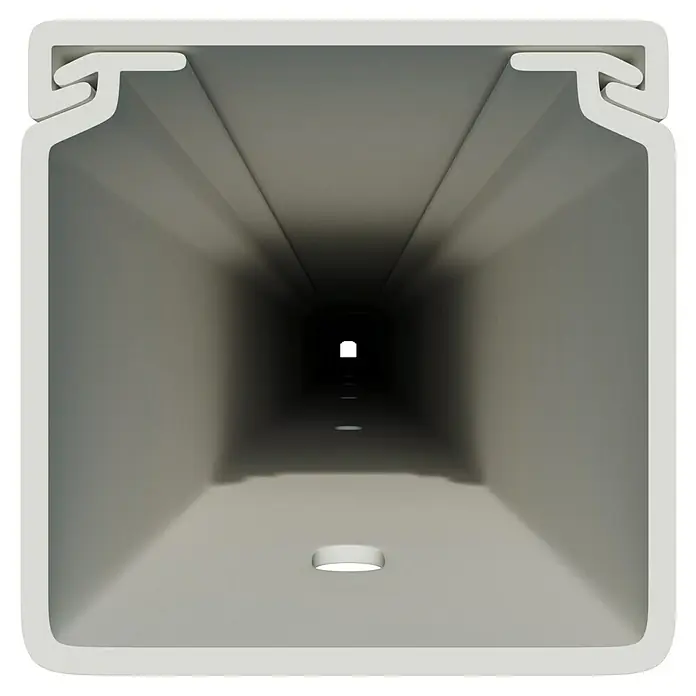Kabelkanal - L x B x H: 2 m x 30 mm x 30 mm, Weiß - Aufnahme eines Profils, das eine Tunnelperspektive mit einem Licht am Ende erzeugt. Es zeigt ein modernes Design mit klaren Linien.