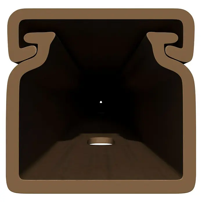 Kabelkanal - L x B x H: 2 m x 15 mm x 15 mm, Buche - Profilquerschnitt eines braunen Kunststoffprofils. Das Profil hat eine spezielle Form für Befestigungen und Anwendungen.