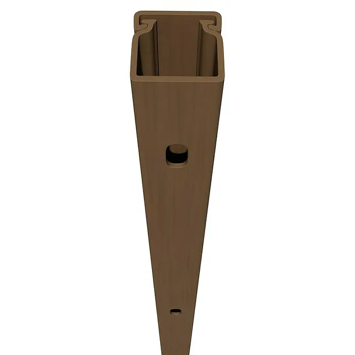 Kabelkanal - L x B x H: 2 m x 15 mm x 15 mm, Buche - Ein brauner Zaunpfosten mit Löchern und einer einzigartigen Form, ideal für den Bau eines stabilen und stilvollen Zauns im Garten.