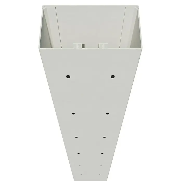 Kabelkanal - L x B x H: 2 m x 110 mm x 60 mm, Weiß - Perspektivische Aufnahme eines weißen linearen LED-Leuchtenkörpers mit Bohrlöchern an einer schwarzen Wand.