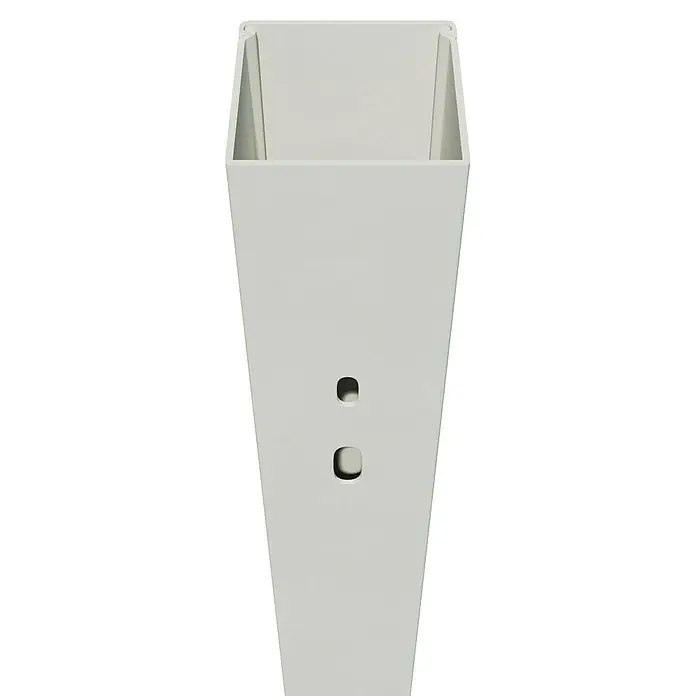 OBO Kabelkanal - 2 m x 40 mm x 40 mm, Reinweiß - Nahaufnahme eines weißen, viereckigen Pfostenprofils mit Löchern. Ideal für Zaunbau und Außenbereich.