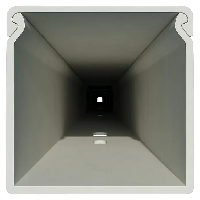 OBO Kabelkanal - 2 m x 30 mm x 30 mm, Reinweiß - Tunnelansicht eines hellgrauen Kabelschachts mit Aussparungen, der einen Blick in die dunkle Tiefe des Schachts freigibt.