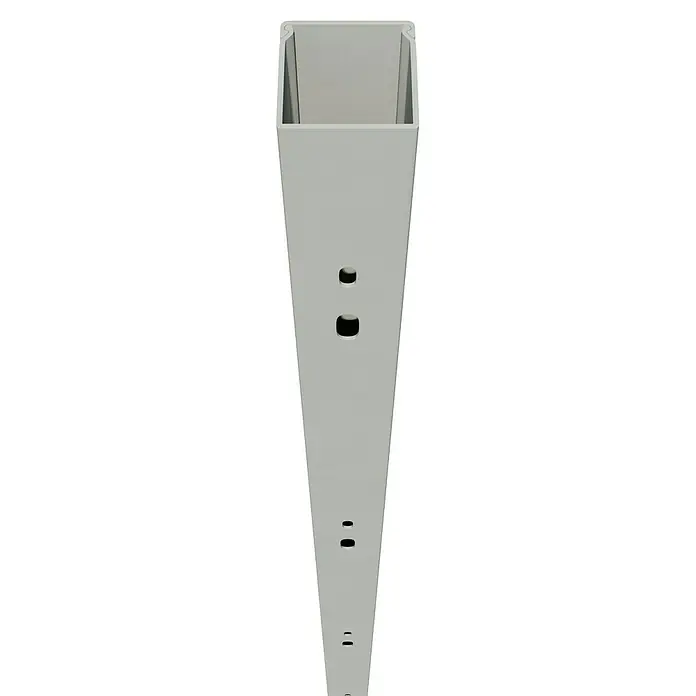 OBO Kabelkanal - 2 m x 30 mm x 30 mm, Lichtgrau - Nahaufnahme eines trapezförmigen, hellgrauen Metallrohrs mit mehreren Löchern zur Befestigung.