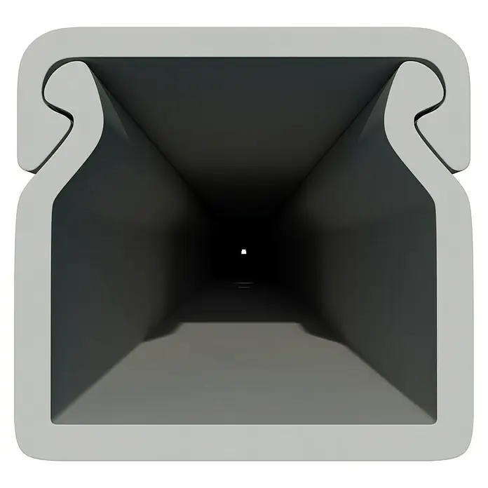 OBO Kabelkanal - 2 m x 15 mm x 15 mm, Lichtgrau - Innenansicht eines quadratischen Profils mit spezieller Formgebung. Hervorragend für präzise Anwendungen geeignet.