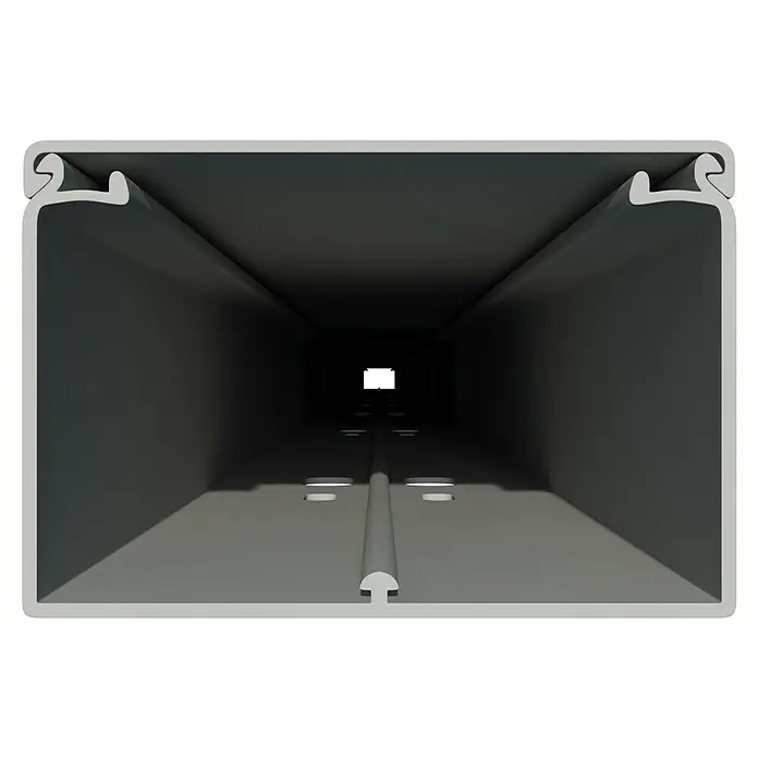 OBO Kabelkanal - 2 m x 60 mm x 40 mm, Lichtgrau - Grauer Aluminiumprofilrahmen mit dunklem Innenraum, der sich perspektivisch verjüngt und eine moderne Optik erzeugt.