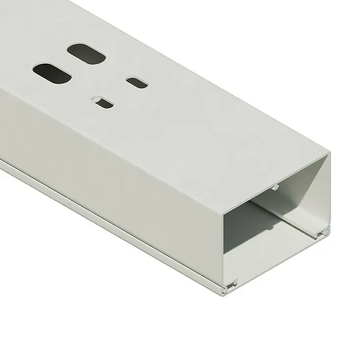 OBO Kabelkanal - 2 m x 60 mm x 40 mm, Reinweiß - Abbildung eines weißen Kabelkanals mit rechteckigem Querschnitt und mehreren Aussparungen auf der Oberseite.