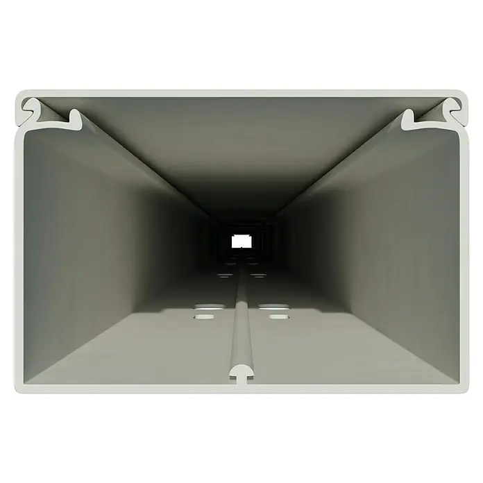 OBO Kabelkanal - 2 m x 60 mm x 40 mm, Reinweiß - Innenansicht eines grauen Metallkanals mit Mittelsteg und Befestigungspunkten, der sich in die Dunkelheit erstreckt. Das Produkt ist robust und langlebig.