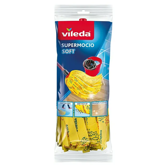 Vileda SuperMocio Wischmop-Ersatzkopf Soft - Materialspezifizierung: Mikrofaser - Verpackung eines Vileda SuperMocio Soft Wischmopps, ideal für die Reinigung empfindlicher Böden und mit hoher Saugfähigkeit.