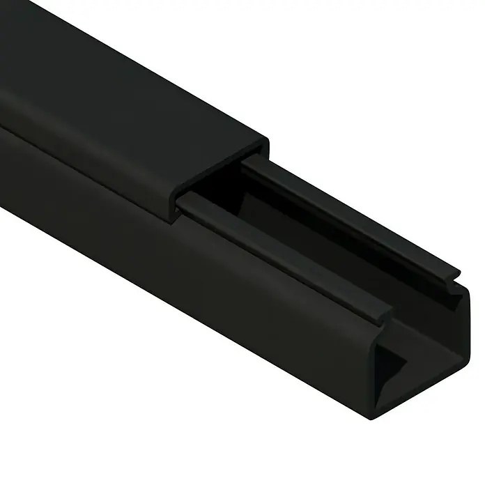 Kabelkanal - L x B x H: 2 m x 15 mm x 15 mm, Schwarz - Schwarze Kabelführung mit abnehmbarem Deckel. Ideal zum Organisieren und Schützen von Kabeln in Büro- und Wohnbereichen.