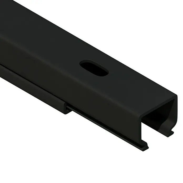 Kabelkanal - L x B x H: 2 m x 15 mm x 15 mm, Schwarz - Detailansicht einer schwarzen Schiene mit Nut und einer ovalen Öffnung, ideal für vielfältige Montageanwendungen.