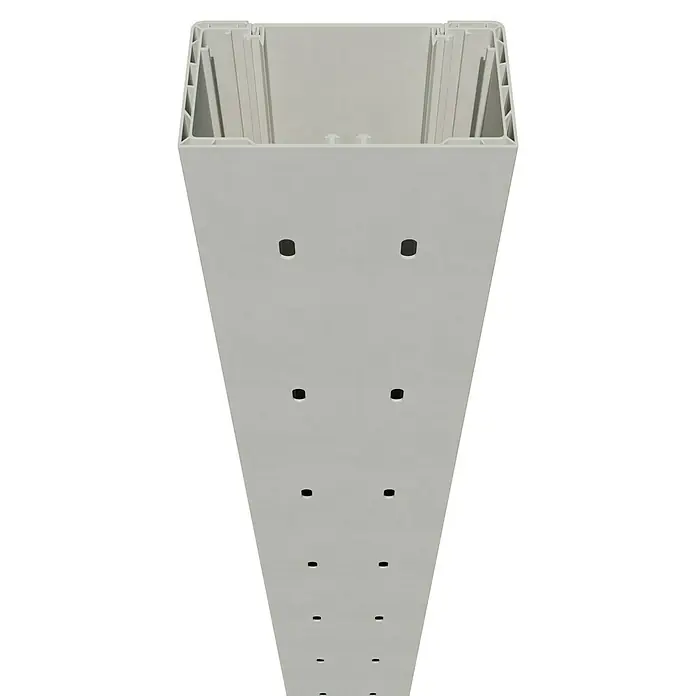 Brüstungskanal BR 70 - 2 m x 130 mm x 70 mm, Reinweiß - Hier ist ein rechteckiges, graues Installationsrohr mit mehreren Löchern. Es ist für die ordentliche Verkabelung von Kabeln und Leitungen gedacht.