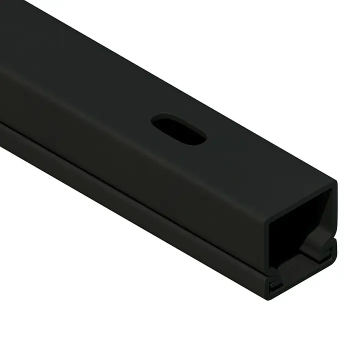Kabelkanal - L x B x H: 2 m x 15 mm x 15 mm, Schwarz - Detailansicht eines schwarzen Kabelkanals mit Aussparung. Ideal für die ordentliche und diskrete Kabelführung im Büro oder zu Hause.