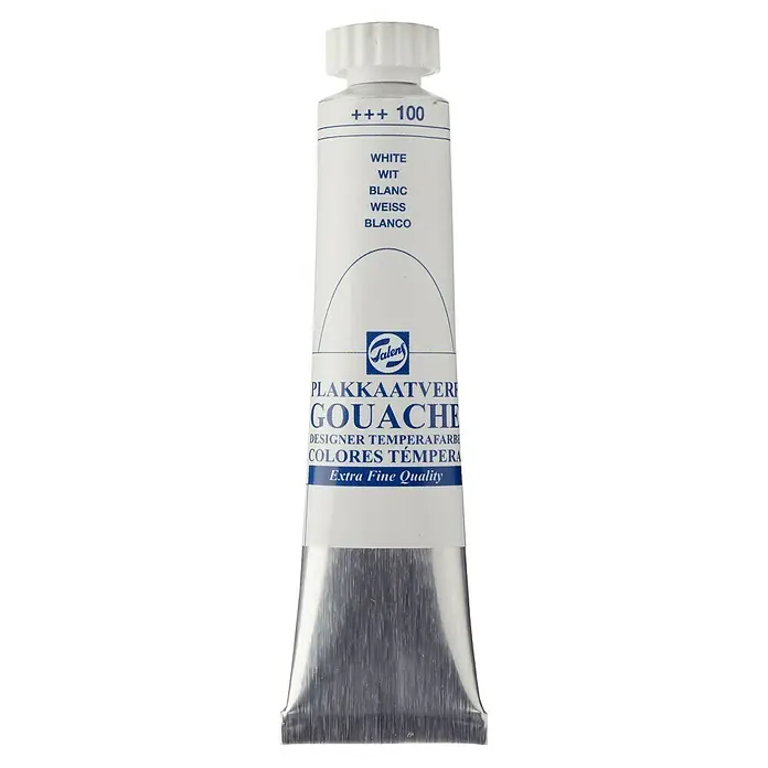 Talens Pintura gouache - Blanco, 20 ml - Primer plano de un tubo de pintura Gouache blanca de Talens, ideal para artistas y diseñadores, con calidad extra fina para resultados perfectos.