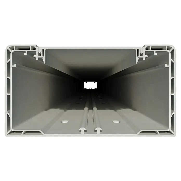 Brüstungskanal BR 70 - 2 m x 130 mm x 70 mm, Reinweiß - Ansicht einer grauen Kabelkanal-Querschnitt, der die interne Struktur und das Design für die Kabelführung zeigt.