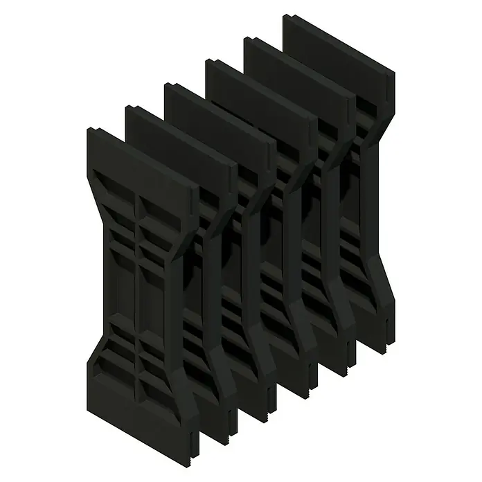 Kabelkanal - L x B x H: 2 m x 150 mm x 60 mm, Weiß - Das Bild zeigt eine Reihe von sechs schwarzen Betonstützen, die in einer schrägen Reihe angeordnet sind und ein strukturelles Design aufweisen.