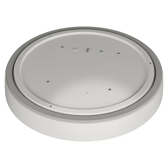 MegaLight LED-Deckenleuchte rund Wohlfühllicht Saturn - 30 W, Ø x H: 40 x 7,5 cm, Weiß, Mehrfarbig - Nahaufnahme einer runden, weißen LED-Deckenleuchte mit grauen Akzenten auf schwarzem Hintergrund.