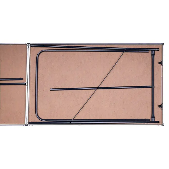 Tapeziertisch - 297 x 59,5 x 75 cm, MDF laminiert - Ansicht einer Tischplatte mit zusammengeklappten Tischbeinen und Rahmen, ideal für Transport und Lagerung.