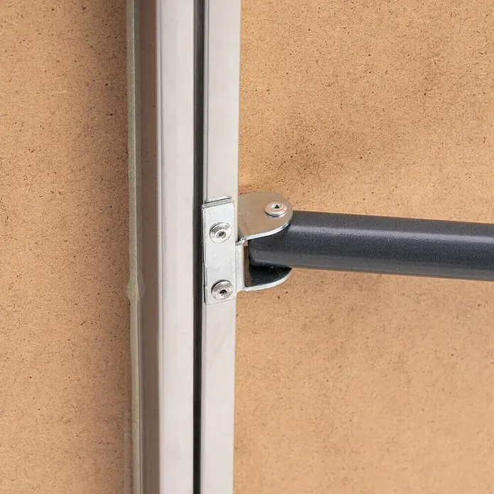 Tapeziertisch - 297 x 59,5 x 75 cm, MDF laminiert - Nahaufnahme einer Tischbefestigung mit Metallrahmen und grauer Stange, die Stabilität und Haltbarkeit gewährleistet.