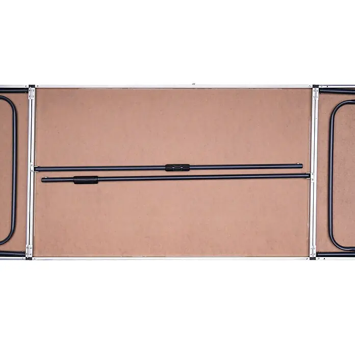 Tapeziertisch - 297 x 59,5 x 75 cm, MDF laminiert - Zusammengeklappter Campingtisch mit brauner Tischplatte und schwarzem Gestell. Ideal für unterwegs.
