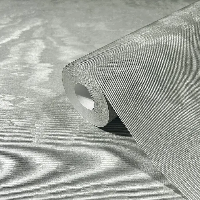 Marburg Eclectic Vliestapete Moiré - Silber, Metalloptik, 10,05 x 0,7 m - Graue Tapetenrolle mit horizontalem Streifenmuster und einem subtilen, wolkigen Design. Ideal für stilvolle Raumgestaltung.