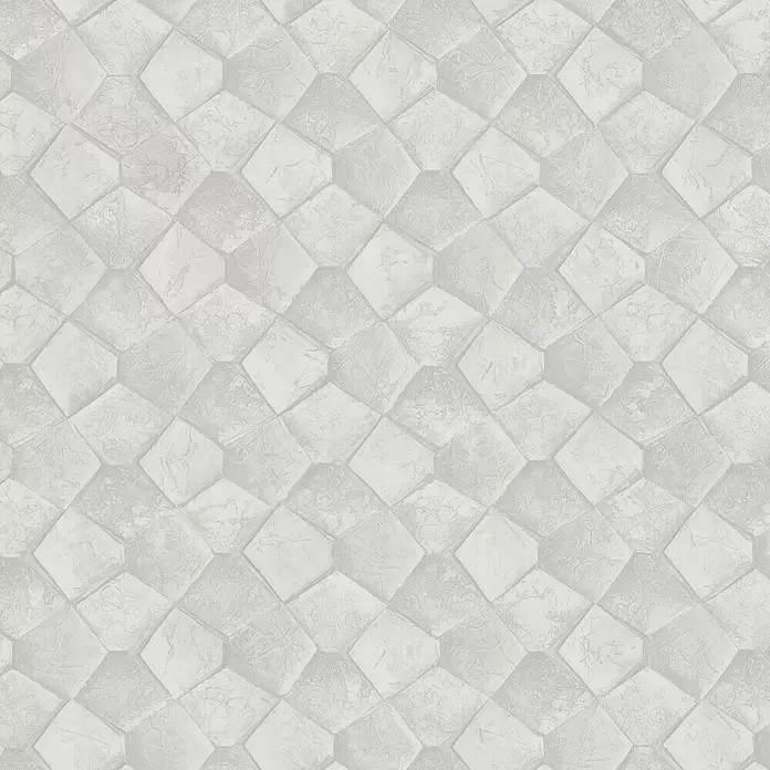 Marburg Eclectic Vliestapete Pentagonmuster - Weißbeige, Grafisch, 10,05 x 0,7 m - Hellgraues, strukturiertes Geometriemuster aus unregelmäßigen Steinfliesen mit subtilem Relief.