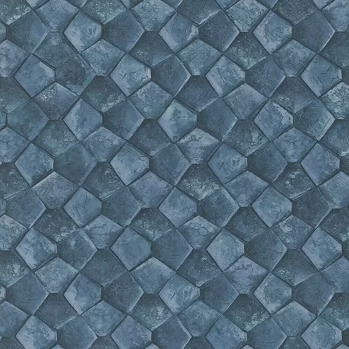Marburg Eclectic Vliestapete Pentagonmuster - Blau, Grafisch, 10,05 x 0,7 m - Strukturiertes blau-graues Muster aus unregelmäßigen, rautenförmigen Fliesen oder Schuppen, ideal für Oberflächendesign.