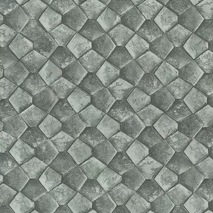 Marburg Eclectic Vliestapete Pentagonmuster - Grüngrau, Grafisch, 10,05 x 0,7 m - Strukturierte grau-grüne Steinfliesenmuster mit hexagonalen Formen, Antik-Finish und marmorierten Details. Ideal für Wand- oder Bodenbelag.