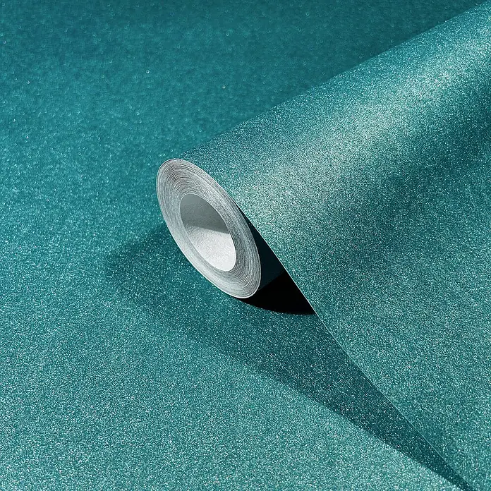 Marburg Eclectic Vliestapete - Blaugrau, Metalloptik, 10,05 x 0,7 m - Nahaufnahme einer Rolle glitzernder, türkisfarbener Tapete, die Textur und Farbe des Produkts hervorhebt.