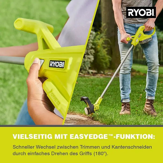 Ryobi ONE+ Akku-Rasentrimmer RY18LT23A-0 - 18 V, Li-Ionen, Ohne Akku - Bild von Ryobi Trimmer/Rasentrimmer mit EASYEDGE™-Funktion. Schneller Wechsel zwischen Trimmen und Kantenschneiden durch einfaches Drehen des Griffs.