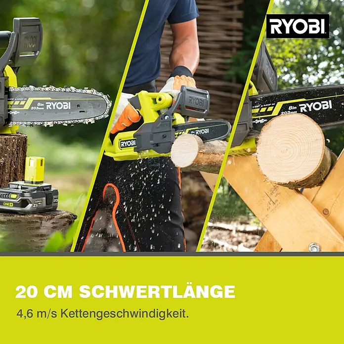 Ryobi ONE+ Akku-Kettensäge RY18CS20A-0 - 18 V, Li-Ionen, Ohne Akku, Schwertlänge: 20 cm - Die Ryobi Akku-Kettensäge mit 20 cm Schwertlänge und 4,6 m/s Kettengeschwindigkeit für effiziente Sägearbeiten im Garten.