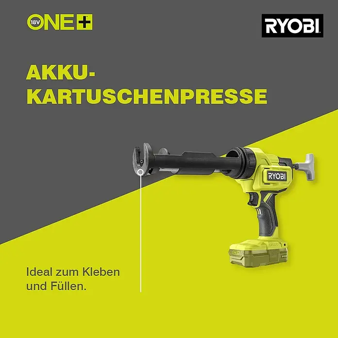 Ryobi ONE+ Akku-Kartuschenpresse RCG18-0 - 18 V, Ohne Akku - Darstellung einer Ryobi Akku-Kartuschenpresse. Ideal zum Kleben und Füllen, präsentiert auf grau-gelbem Hintergrund.
