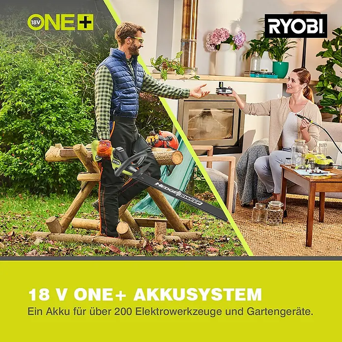 Ryobi ONE+ Akku-Heckenschere RY18HT50A-125 - 18 V, Li-Ionen, 1 Akku - Das Bild zeigt eine RYOBI 18V ONE+ Akku-Heckenschere, Teil eines Systems für über 200 Geräte, mit Akku und Gartengeräten.