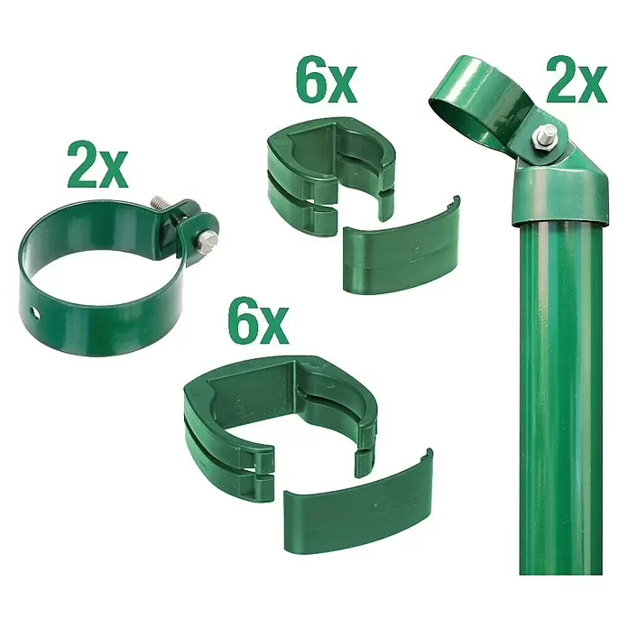 Alberts Zaunanschluss-Set - Passend für: Schweißgitterzaun vom Typ Fix-Clip Pro® mit 1220 mm, Grün, Einbetonieren - Grüne Metall- und Kunststoffteile für Gartenzaun: Schellen, Clips und Scharnierpfosten.
