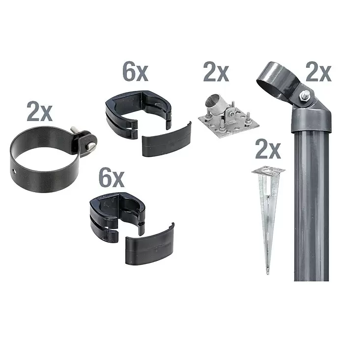 Alberts Zaunanschluss-Set - Passend für: für Wellengittertor an Schweißgitter Fix-Clip Pro® mit 1220 mm Höhe, Anthrazit - Verschiedene dunkelgraue und silberne Metall- und Kunststoffkomponenten für eine Konstruktion, darunter Rohrklemmen, Winkelverbinder, Erdspieße und Basishalterungen.