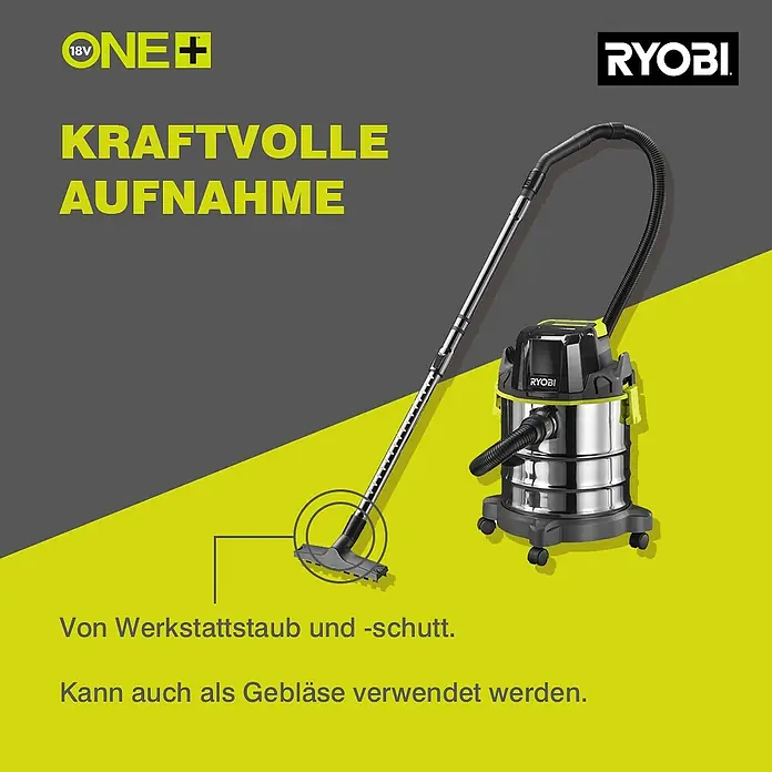 Ryobi ONE+ Akku-Nass-Trockensauger R18WDV-0 - 18 V, Ohne Akku, Behältervolumen: 18 l - Abbildung eines RYOBI ONE+ Akku-Nass-/Trockensaugers mit kraftvoller Aufnahme und Gebläsefunktion, ideal für Werkstattstaub und Schutt.