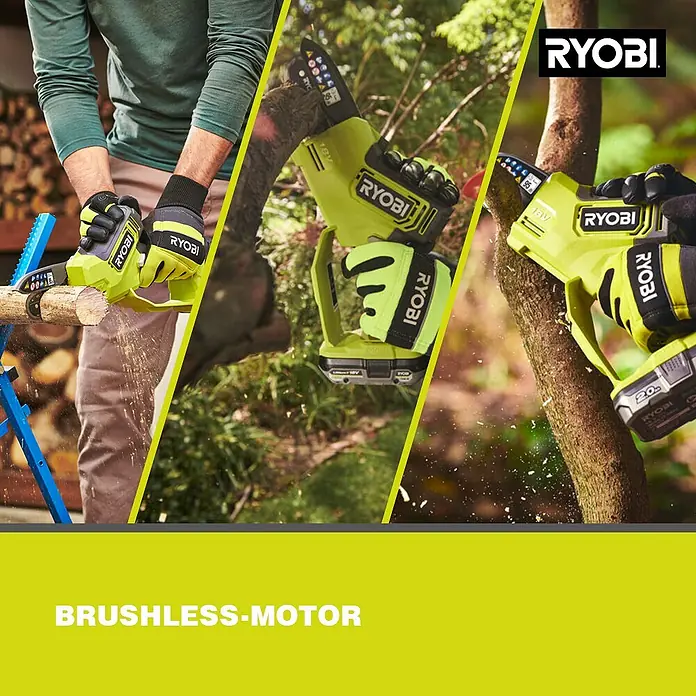 Ryobi ONE+ Akku-Astsäge RY18PSX10A-120 - 18 V, 2 Ah, Li-Ionen, 1 Akku, Schwertlänge: 10 cm - Das Bild zeigt eine Ryobi Akku-Astsäge in Aktion, ideal für Gartenarbeiten.