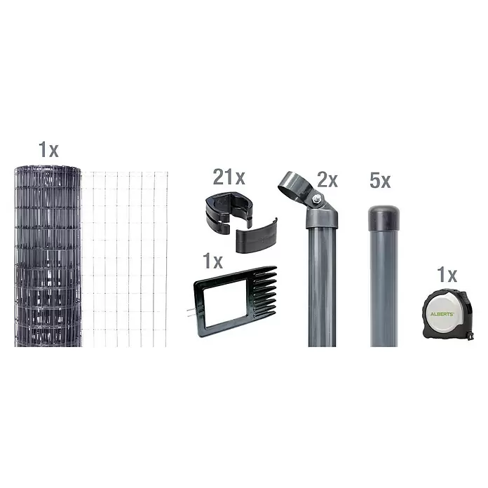 Alberts Maschendrahtzaun-Set Fix-Clip Pro® - L x H: 10 m x 102 cm, Anthrazit - Sortiment aus grauem Drahtgeflecht, schwarzen Kunststoffklammern, grauen Zaunpfählen mit Kappen und Gelenken, einem schwarzen Erdspieß und einem Maßband für Zäune.