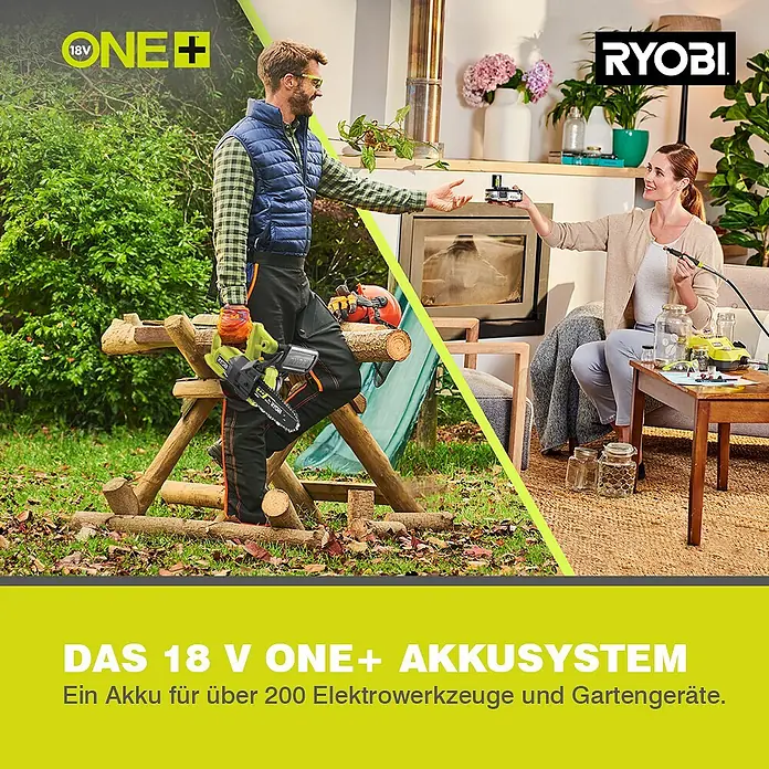 Ryobi ONE+ Akku-Kettensäge RY18CS20A-0 - 18 V, Li-Ionen, Ohne Akku, Schwertlänge: 20 cm - Das Bild zeigt das Ryobi ONE+ Akkusystem mit einer Vielzahl von Elektrowerkzeugen für Haus und Garten.