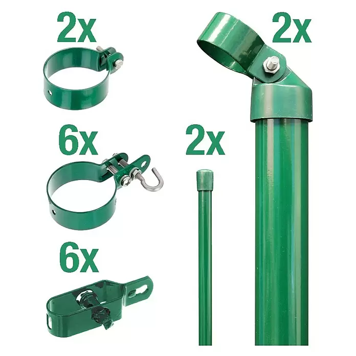 Alberts Zaunanschluss-Set - Passend für: Maschendrahtzäune mit 1500 mm Höhe, Grün, Einbetonieren - Grün beschichtetes Metall-Zaunzubehör-Set mit Schellen, Haken, Haltern und verstellbaren Pfostenkappen.