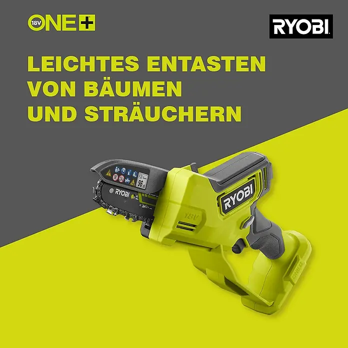 Ryobi ONE+ Akku-Astsäge RY18PSX10A-120 - 18 V, 2 Ah, Li-Ionen, 1 Akku, Schwertlänge: 10 cm - Akkubetriebene Astsäge von Ryobi, ideal für müheloses Entasten von Bäumen und Sträuchern.