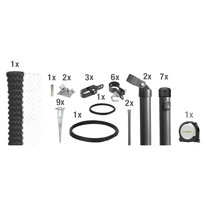 Alberts Maschendrahtzaun-Set - L x H: 15 m x 150 cm, Anthrazit, Mit Bodenhülse - Komplettes Zaunmontageset mit dunklem Maschendrahtzaun, verschiedenen Halterungen, Pfosten, Drähten, Bodenankern und einem Maßband.